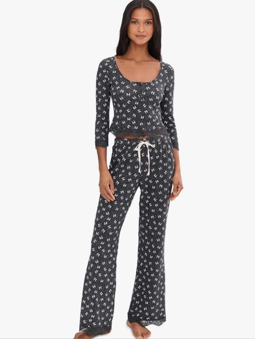 Free People Women's Black Printed Long Sleeve Sleep Set